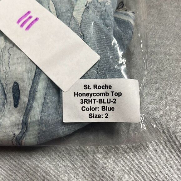 St Roche Honeycomb Top Blue Watercolor Smocked Keyhole Cotton Size Small NWT - Picture 12 of 15